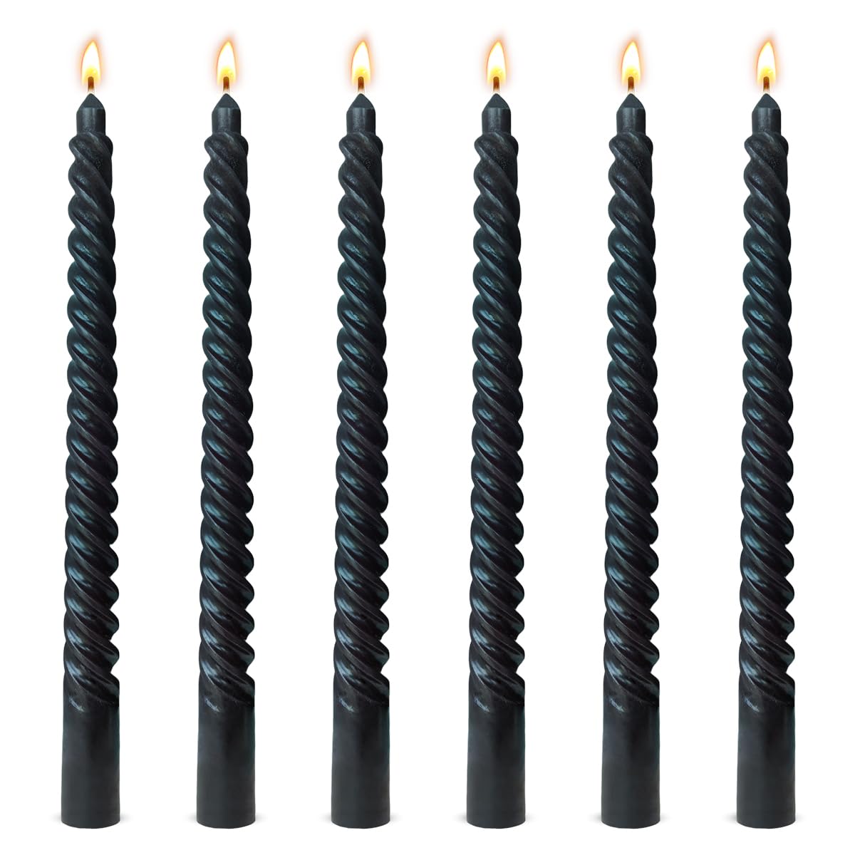 6 Pack 10 Inch Black Spiral Taper Candles for Halloween Wiccan and Pagan Rituals, Unscented Dripless Twisted Candlesticks for Dinner Party Gothic Decoration and Memoria Services