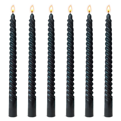 6 Pack 10 Inch Black Spiral Taper Candles for Halloween Wiccan and Pagan Rituals, Unscented Dripless Twisted Candlesticks for Dinner Party Gothic Decoration and Memoria Services