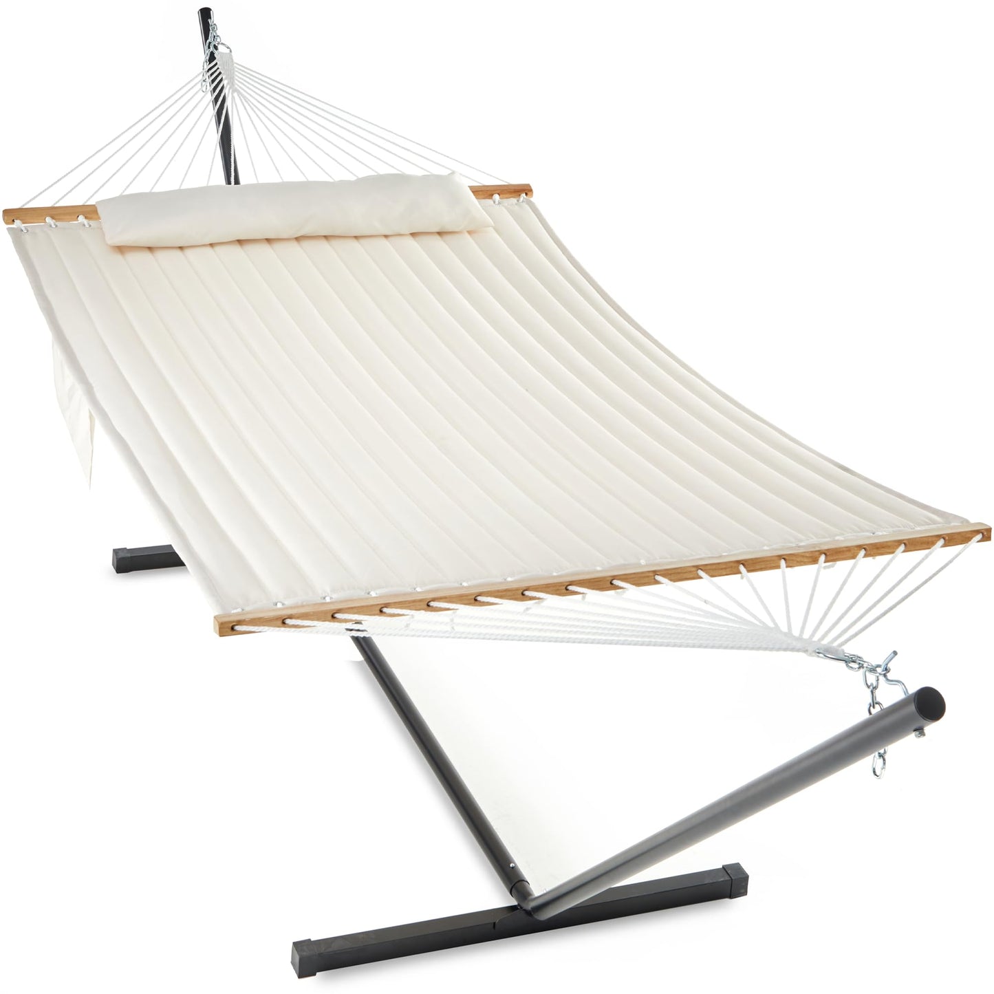 GAFETE 2 Person Hammock with Stand for Outside, Heavy Duty Steel Stand, Double 55inch Hammocks, Large Removable Pillow, Storage Bags, Max 475 lbs Capacity (Beige)