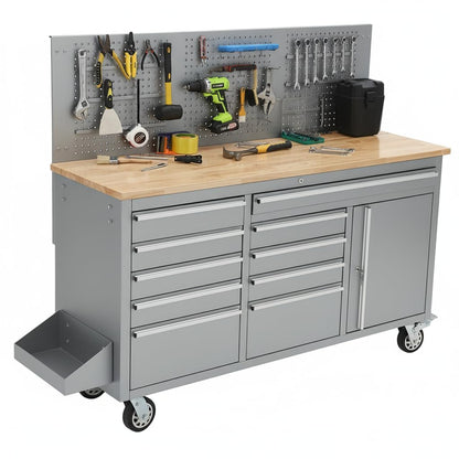 61-Inch Heavy Duty Rolling Tool Chest with 10 Drawers and Solid Rubber Wood Top Mobile Workstation, 1675 LBS Load, Includes Power Strip, Locking System, Drawer Liners for Garage Warehouse Repair Shop