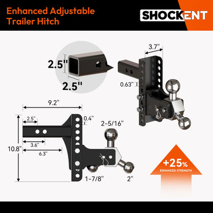 SHOCKENT Adjustable Trailer Hitch Drop Hitch Fits 2.5 Inch Receiver - 6" Drop/Rise Tow Hitch with Triple Balls (1-7/8", 2", 2-5/16") for Truck - 20,000 LBS GTW, Includes Hitch Pins