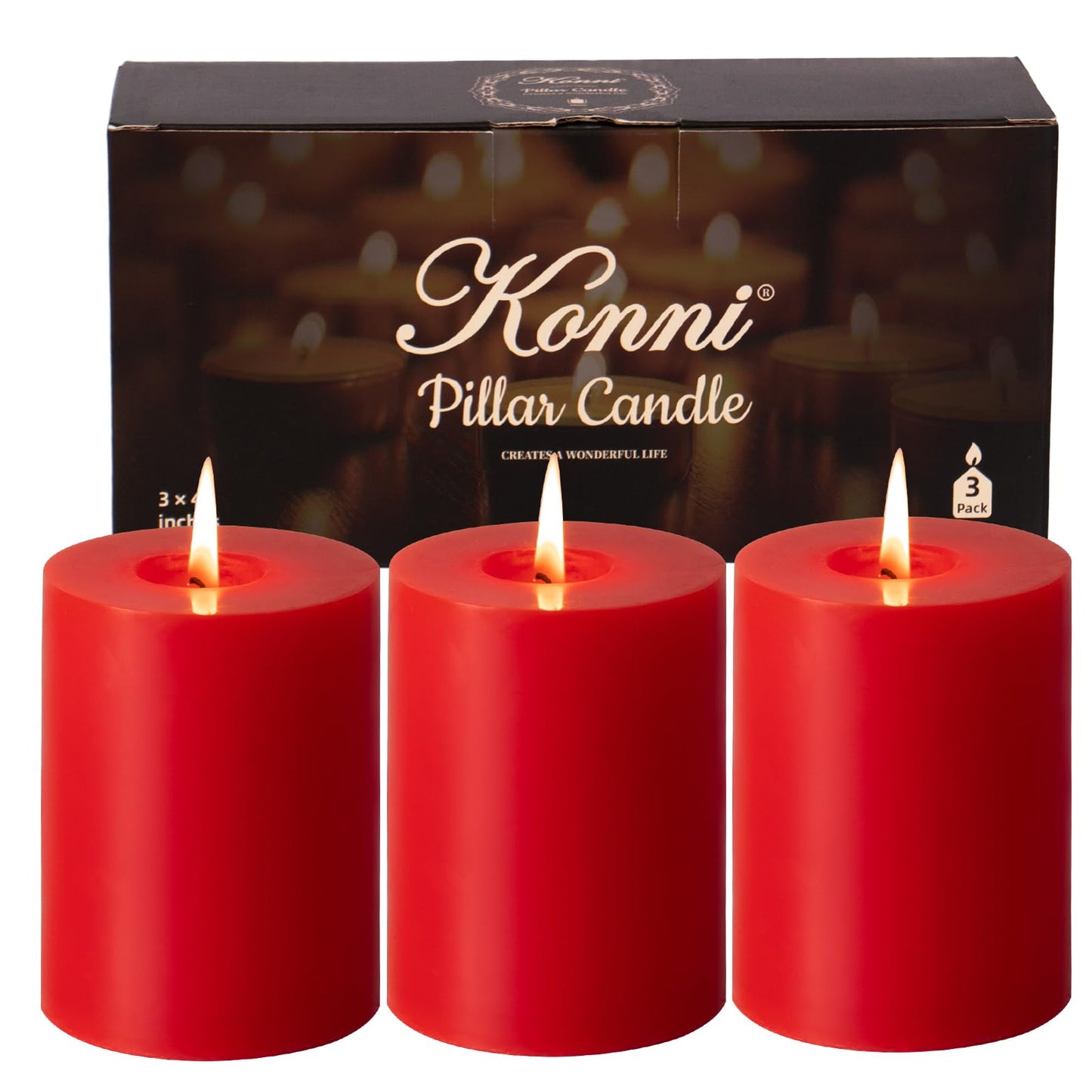 KONNI Red Pillar Candles Set of 3, 3"x 4" Unscented Pillar Candles Bulk, 39 Hours Long Burning Candles, Smokeless and Dripless Large Round Candle for Wedding, Home Decoration, Parties, Spas, Dinner
