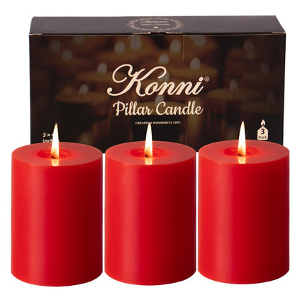 KONNI Red Pillar Candles Set of 3, 3"x 4" Unscented Pillar Candles Bulk, 39 Hours Long Burning Candles, Smokeless and Dripless Large Round Candle for Wedding, Home Decoration, Parties, Spas, Dinner