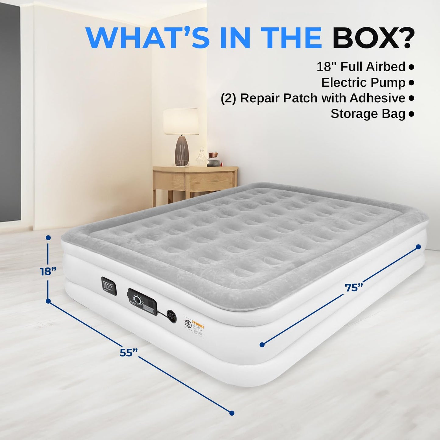 SereneLife Full Size Air Mattress with Built-in Pump | 55-Inch Wide Raised Inflatable Mattress for Guests, Camping & Travel, Constant Comfort Technology, Plush Top, Storage Bag Included
