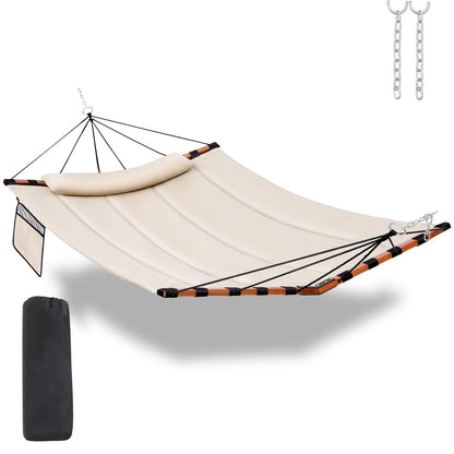 TegerDeger 12FT 2 Person Hammock with V Shaped Hardwood Spreader Bar & Nylon Rope for Outside, Patio, Garden, Backyard, Beach, Poolside, 450LB Capacity, 55in x 79in - Beige