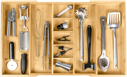 KitchenEdge Adjustable Bamboo Drawer Organizer - Expandable Utensil Storage with 9 Compartments, 28 Inches Wide