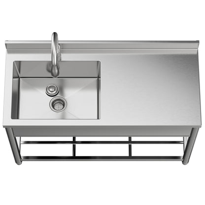 GGW Commercial Sink with Drainboard, Stainless Steel Utility Sink with Pull-out Faucet, Free Standing Single Bowl Kitchen Sink with Workbench for Restaurant, Garage, Outoor, 21.7"D x 47.2"W x 37"H