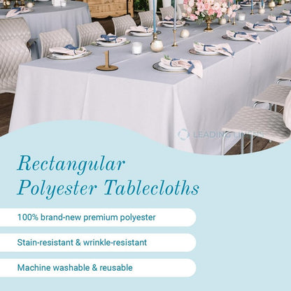 Leading Linens 2 Pack 70 x 108 Inch Rectangle White Polyester Tablecloth, Table Cover, Stain and Wrinkle Resistant, Washable for Dining Table, Wedding Reception, Banquet, Party