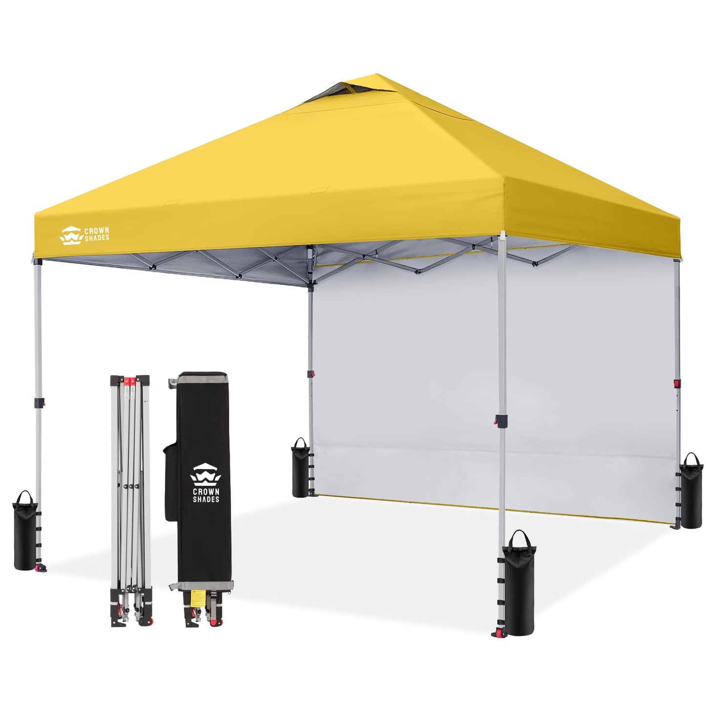 CROWN SHADES 10x10 Pop Up Canopy with 1 Side Wall - Beach Tent with One Push Setup - Outdoor Sun Shade for Events, Parties, Camping - Gazebo with STO-N-Go Cover Bag (Yellow)