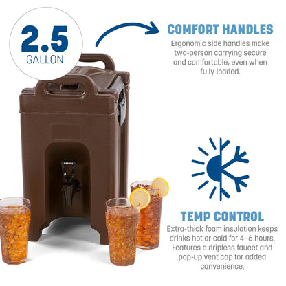 Carlisle FoodService Products Cateraide Insulated Beverage Dispenser with Handles for Catering, Kitchen, and Restaurants, Plastic, 2.5 Gallons, Brown