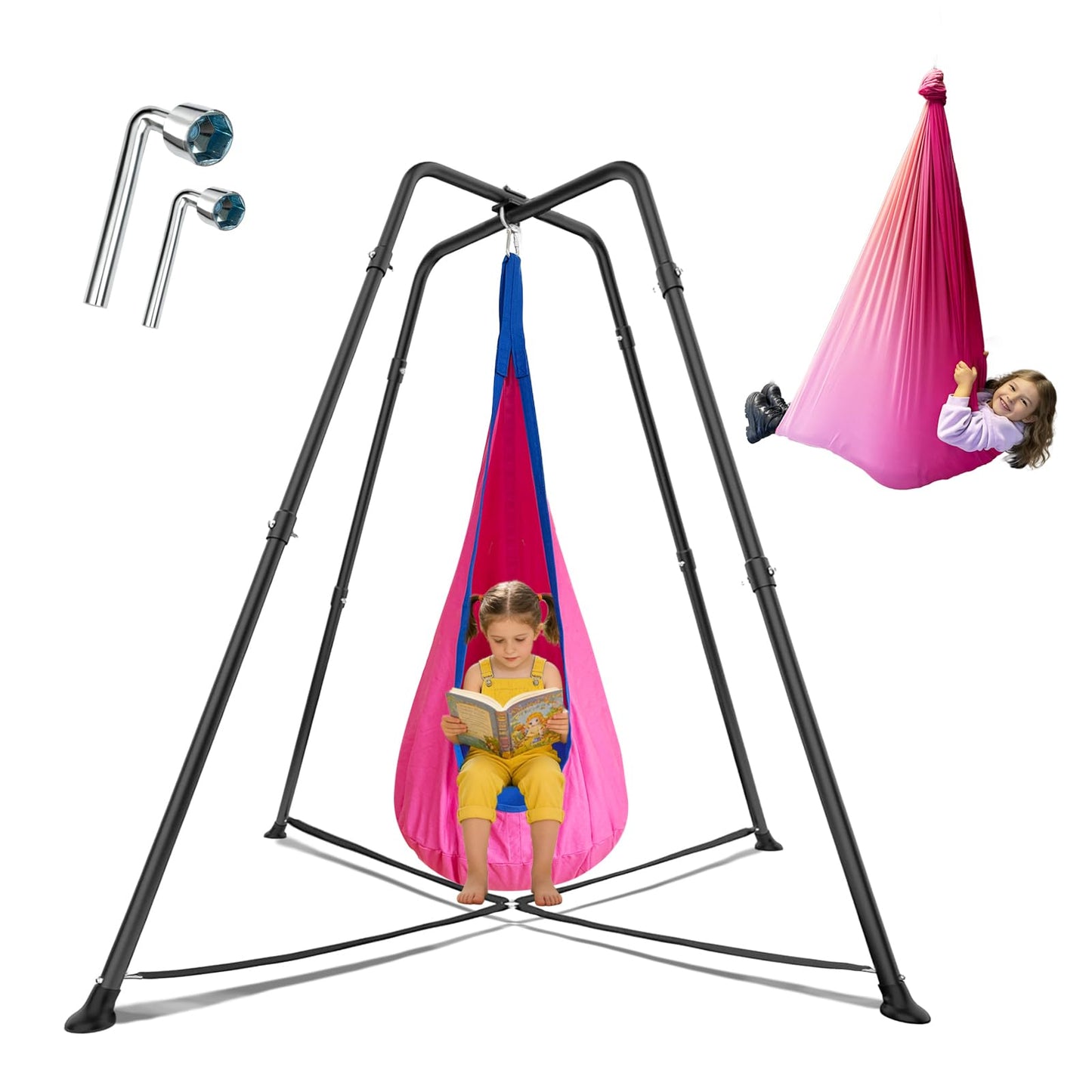Swing Stand Frame with Sensory Pod Swings and Chair,X-Shaped Swing Set,Heavy-Duty Metal Hammock Chair Stand, Indoor Outdoor 330LBS(Pink)