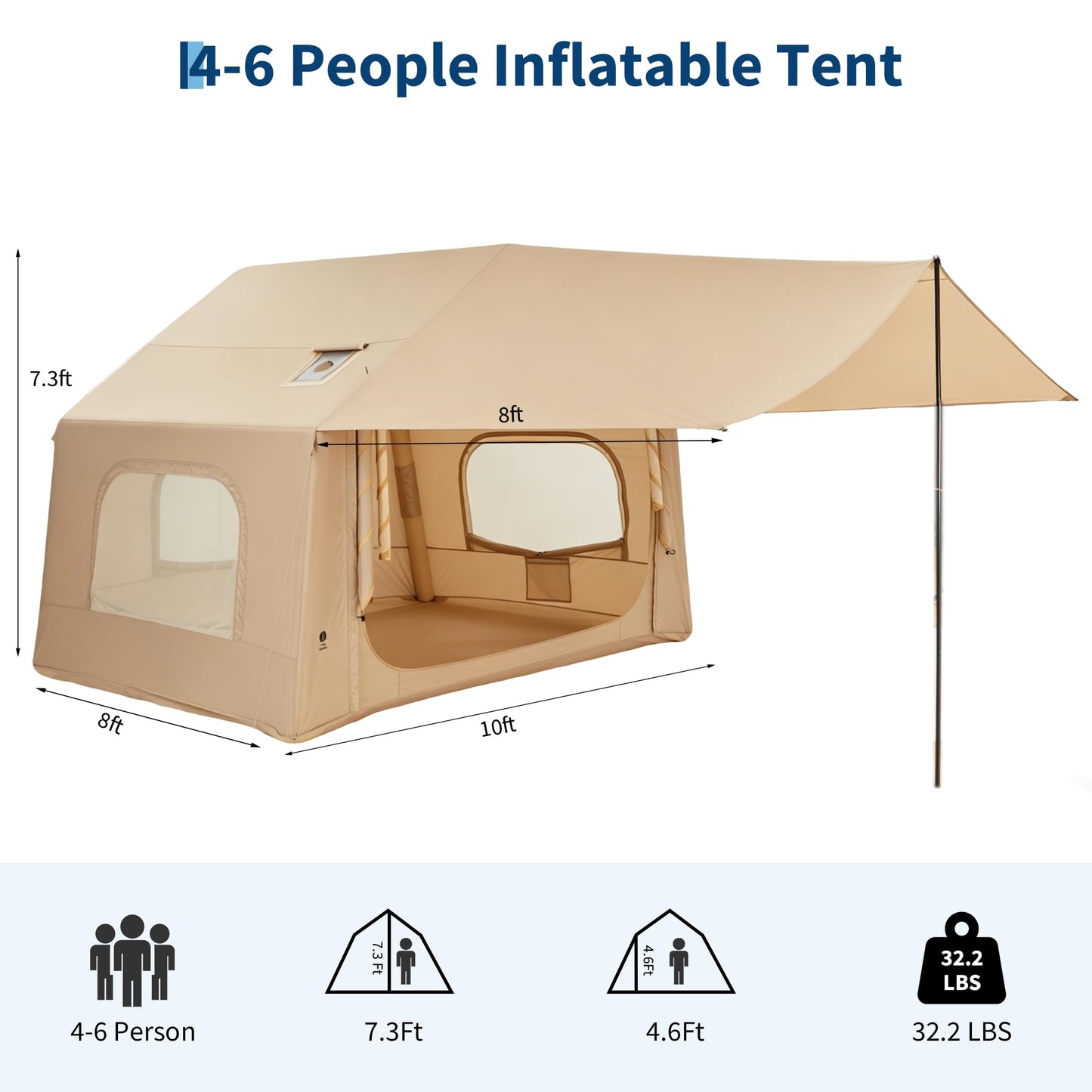 Inflatable Camping Tent for 3-5 Person, Quick Setup Blow Up Tent with Canopy, Waterproof 4 Season Air Glamping Tent with Skylight, Mesh Windows & Stove Jack, for Camping, Beach, Outdoor
