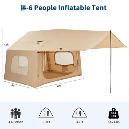 Inflatable Camping Tent for 3-5 Person, Quick Setup Blow Up Tent with Canopy, Waterproof 4 Season Air Glamping Tent with Skylight, Mesh Windows & Stove Jack, for Camping, Beach, Outdoor