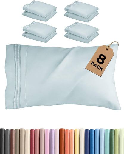 Skiennix Queen Pillow Cases Set of 8 - Ultra Soft Hotel Quality Covers - Wrinkle Free & Fade Resistant - Ice Blue