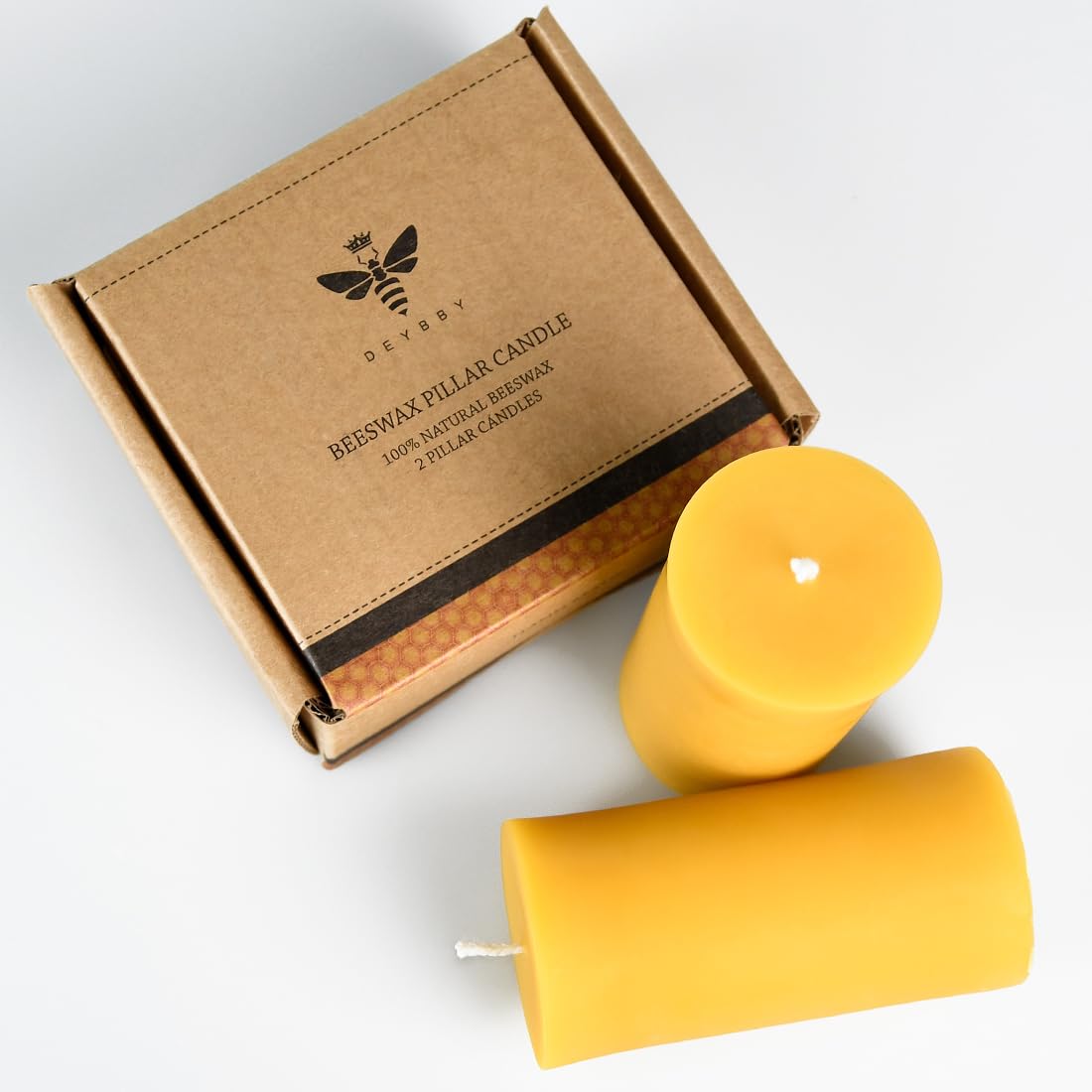 DEYBBY 2x4 inch Natural Beeswax Pillar Candle Set of 2, Smokeless Dripless Pure Organic Beeswax Candle with Natural Scent for Home Decor Blackout Housewarming Party Event, Long Burn, Yellow