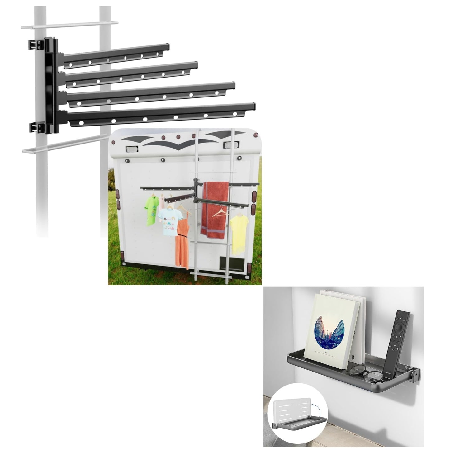 Safoner RV Clothes Drying Rack Ladder Mounted + RV Aluminum Fold-Down Wall Shelf