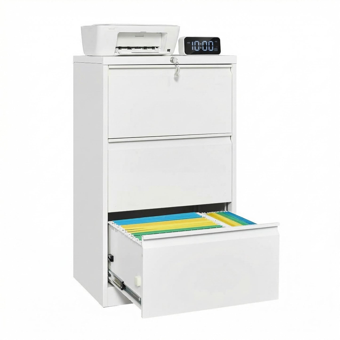 MilleLoom 3 Drawer Lateral File Cabinet Metal Lateral Filling Cabinet with Lock, Lockable File Cabinets for Home Office with Letter/Legal/F4/A4 Size Storage White