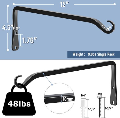 Feed Garden 12-Inch Hanging Plant Bracket - Decorative Wall Hooks for Outdoor Planters & Bird Feeders | Black (2-Pack)