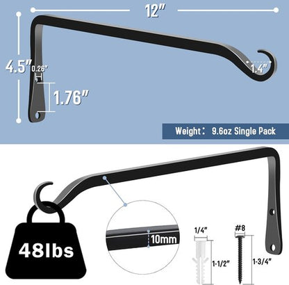 Feed Garden 12-Inch Hanging Plant Bracket - Decorative Wall Hooks for Outdoor Planters & Bird Feeders | Black (2-Pack)