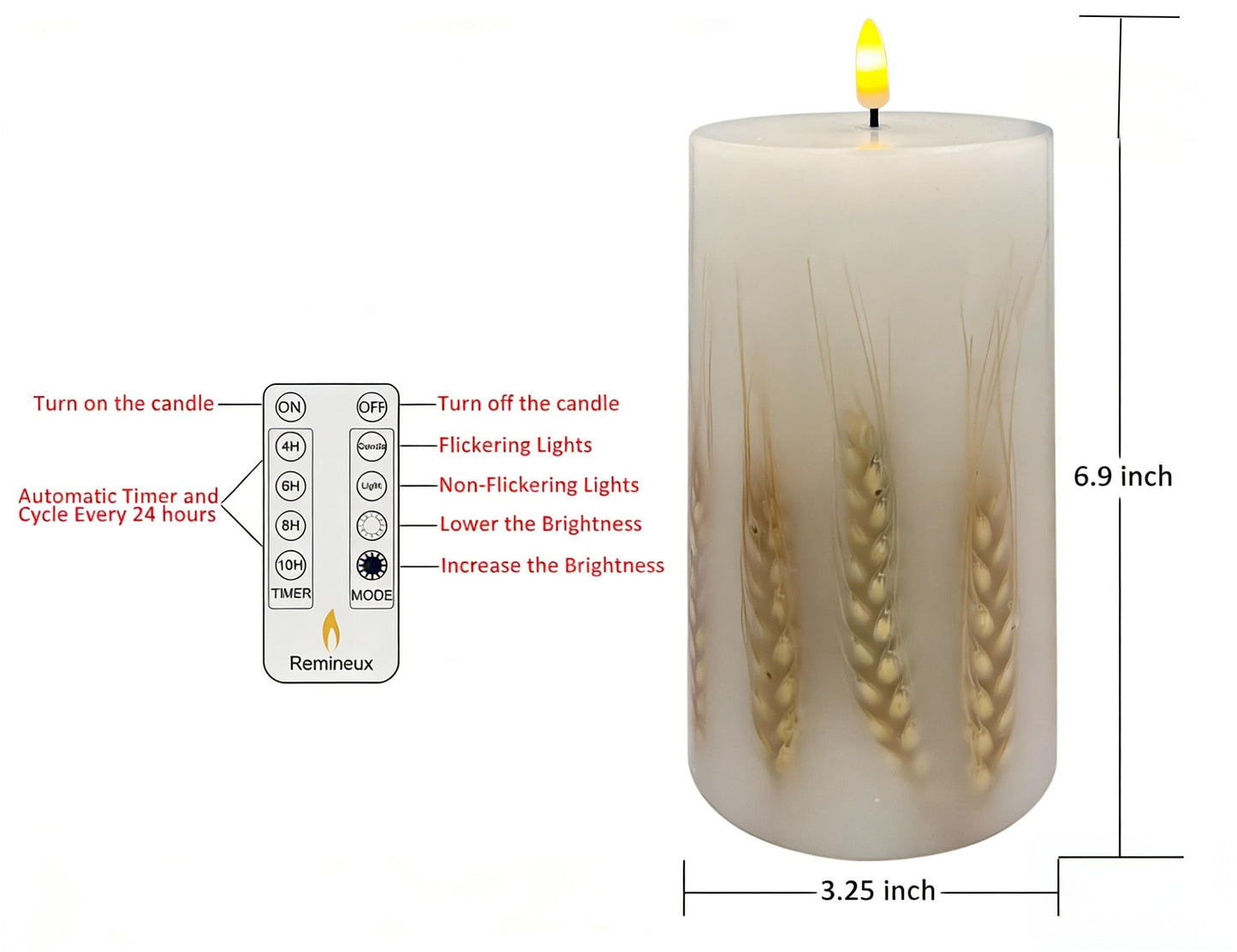 Remineux Flameless LED Candle with Embedded Natural Wheat, Battery-Operated Real Wax Pillar Candle, Flickering Flame Effect, Remote Control, Rustic Farmhouse Decor, Unscented, White (3.25 * 6in)