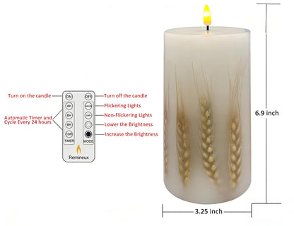 Remineux Flameless LED Candle with Embedded Natural Wheat, Battery-Operated Real Wax Pillar Candle, Flickering Flame Effect, Remote Control, Rustic Farmhouse Decor, Unscented, White (3.25 * 6in)