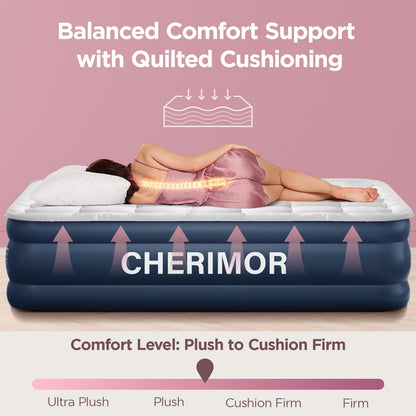 CHERIMOR Queen Air Mattress with Built-in Pump & Luxury Quilted Topper (Washable&Detachable), 20" Raised Comfort, 800lb Support, 4.5 Min Fast Inflate, Blow up Mattress for Guest Camping & Home