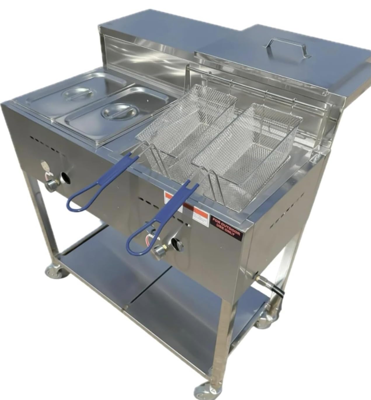 Deep Fryer Cart | 2 Fry Baskets | 3 Gallon Single Tank | 2 Pan Steam Table | Portable 4 Wheel | Stainless Steel | Outdoor Propane Frying Cart for Chicken, Fish, & More | Commercial & Home