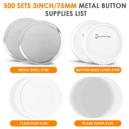 OTYMIOW 100 Sets 3 Inch Button Maker Supplies, 75mm Pin Maker Supplies, Round Badge Parts with Metal Covers, Plastic Pin Backs, Clear Film, Blank Paper, Perfect for Button Maker Machine, DIY Crafts