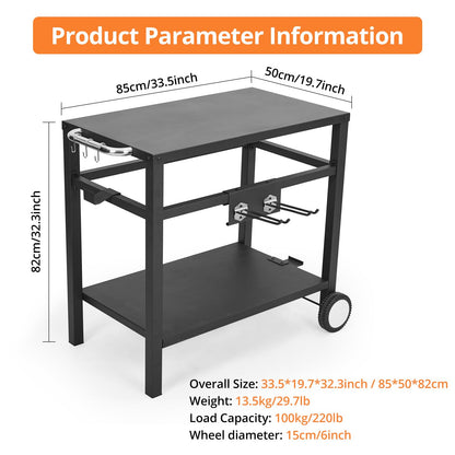 Outdoor Grill Cart - Portable Barbecue Table with Rolling Wheels, Hooks, Double Shelves, Removable Steel Flat Top Work Surface, Side Handles, Multifunctional Commercial Design
