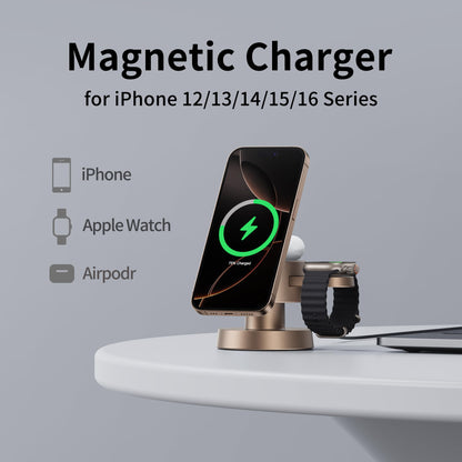 Kcuskl 4 in 1 Magnetic Wireless Charging Station,15W Fast Charging with Night Light for MagSafe Charger Stand,3 in 1 Wireless Charger for iPhone 17/16/15/14/13 Pro Max,Apple Watch & AirPods,Sand Gold