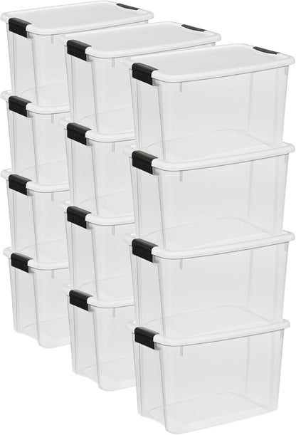 Sterilite 12-Pack Ultra Latching Storage Bins - Clear Plastic 30 Quart Heavy-Duty Organizers for Home & Office