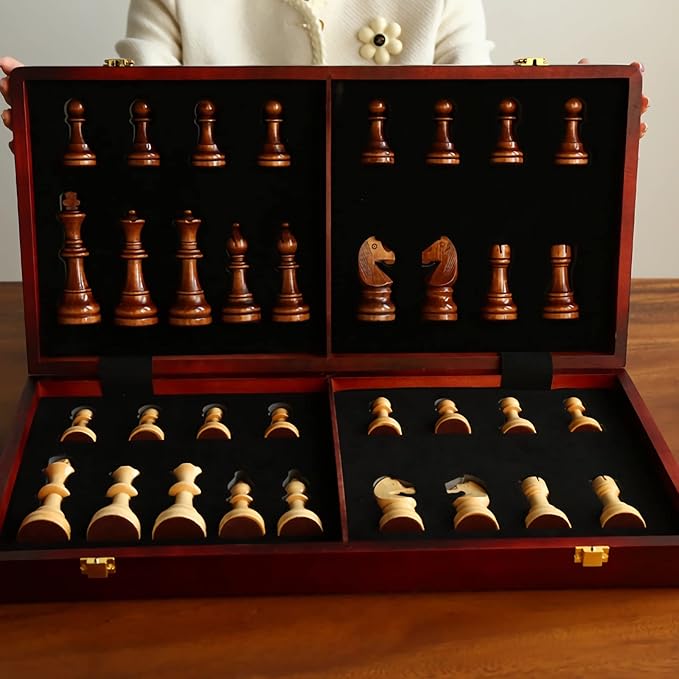 20 Extra Large Solid Walnut Wooden Chess Set with 2 Extra Queen Pieces - King Height 4.25''