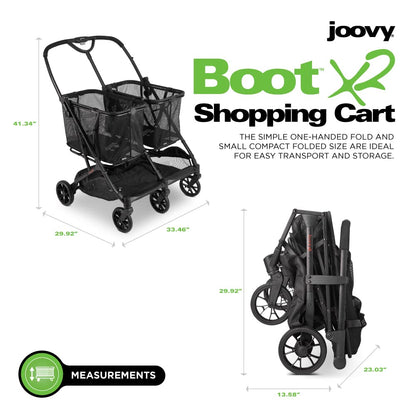 Joovy Boot X2 Shopping Cart Featuring 122 lbs Total Weight Capacity, Dual Removable Totes, Swivel Tires for Easy Steering, One-Handed Compact Fold, and One-Step Parking Brake (Black Frame)
