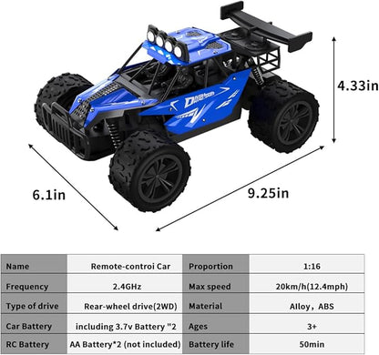 Remote Control Car Monster Truck Toys 1:16 Scale RC Car For Boys 2.4GHz High Speed 20 km/h With LED HeadlightsRechargeable RC Cars Gifts for Boys 4-7 8-12 Christmas Beginner Kids 6-12+(Blue)