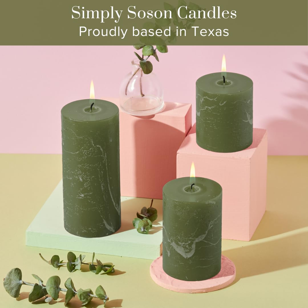 Simply Soson 3x4 inch Dark Moss Green Pillar Candles Set of 3, Rustic Texture, Unscented Green Candles, Dripless Candles, 3 inch Pillar Candles for Wedding Parties Spas Dinner Home Decoration Church