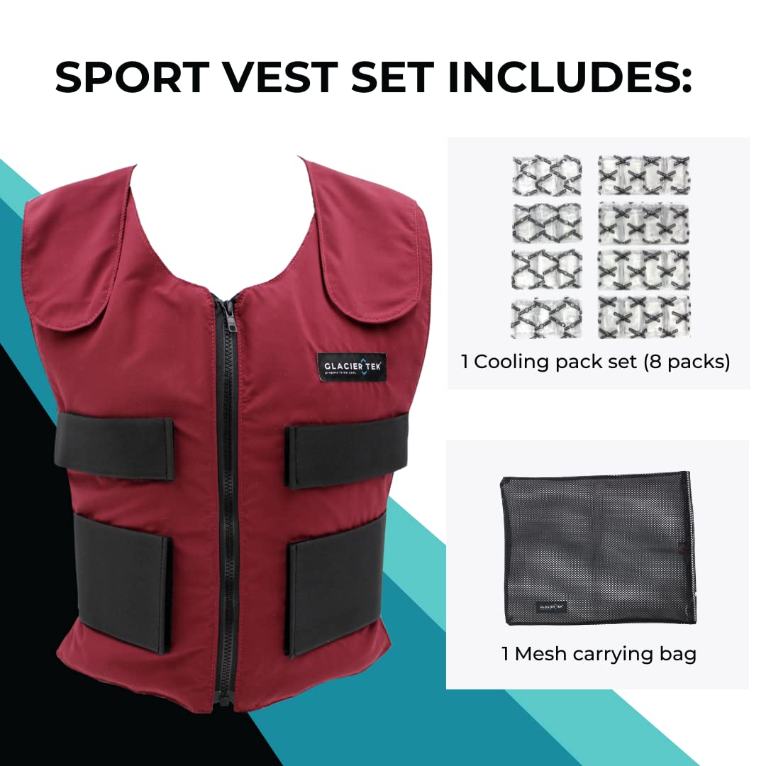 Glacier Tek Cool Vest Personal Cooling, 59 Degrees for 2.5 hours 8 Cool Packs, recharge in 30 minutes (Maroon)