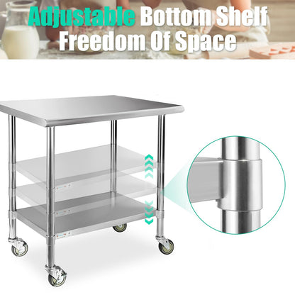 STABLEINK NSF Stainless Steel Small Table 18x30 Inches with Wheels, Metal Prep & Work Table with Adjustable Undershelf, for Commercial Kitchen, Restaurant, Hotel and Garage