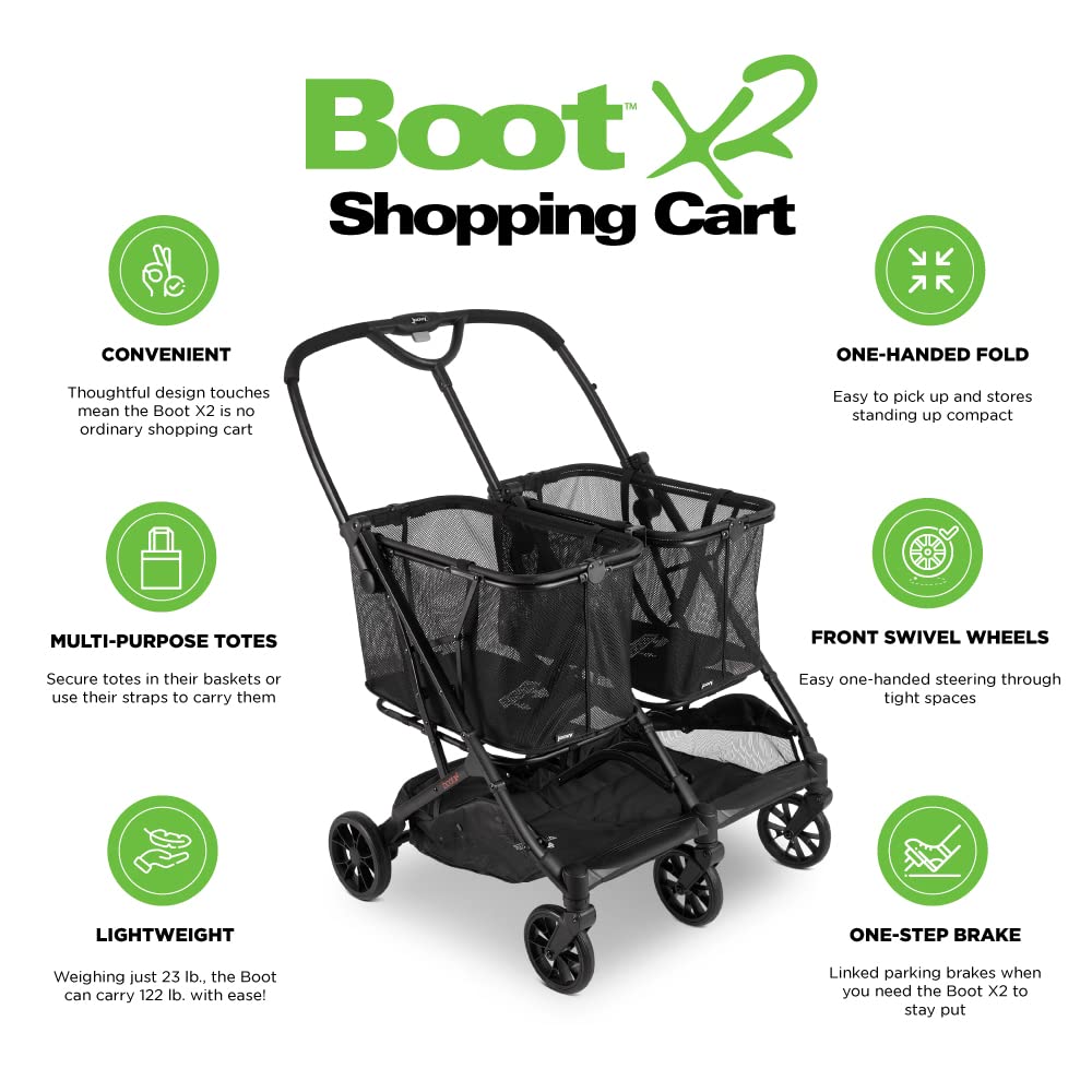 Joovy Boot X2 Shopping Cart Featuring 122 lbs Total Weight Capacity, Dual Removable Totes, Swivel Tires for Easy Steering, One-Handed Compact Fold, and One-Step Parking Brake (Black Frame)