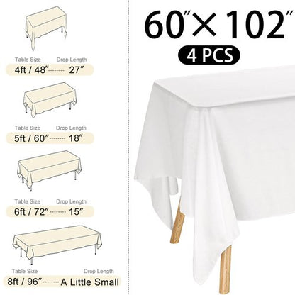 JALANCY 4 Pack Rectangle Tablecloth 60x102 Inch White Washable Polyester Table Cover for Wedding Dining Table Buffet Parties Banquet Decoration（White）