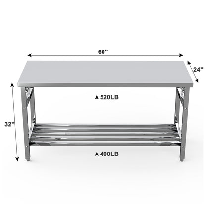 MegaChoice 60 x 24 Inch Stainless Steel Prep Table, Folding Stainless Steel Work Table with Adjustable Undershelf, Heavy Duty Metal Workstation for Commercial, Kitchen, Restaurant, Garage, Home
