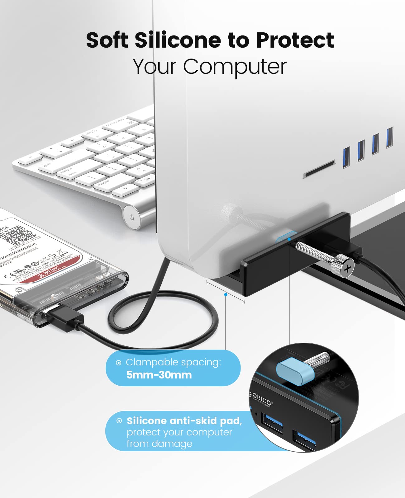 ORICO USB 3.0 Hub, USB Hub Clamp, Aluminum 4-Port USB Splitter with Extra Power Supply Port and 4.92 FT USB Data Cable, Desktop Powered USB Hub for Monitors/Desks-Black (Without Power Adapter)