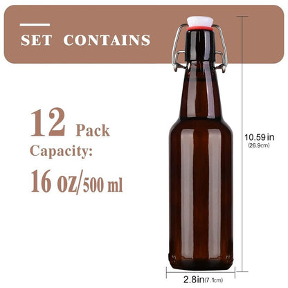 KITGLASCUP 16.5 oz 12 Pack Amber Swing Top Glass Bottles for Airtight Lids, Home Brewing and Fermentation Kombucha, Vanilla Extract, Beverage, Water, Kefir