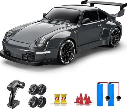 RC Drift Car 1:24 Scale Remote Control Vehicle with LED Lights 2.4GHz 20KM/H 4WD High Speed RC Cars Drifting Tires＆Two Batteries. (Dark-Gray)