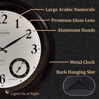 PresenTime & Co 24" Jameson Illuminated In/Outdoor Clock, Modern Farmhouse, Self-Illuminated, Waterproof, Weather Station (Thermometer & Hygrometer), Metal Clock, Oil Rubbed Bronze Finish(Night Light)