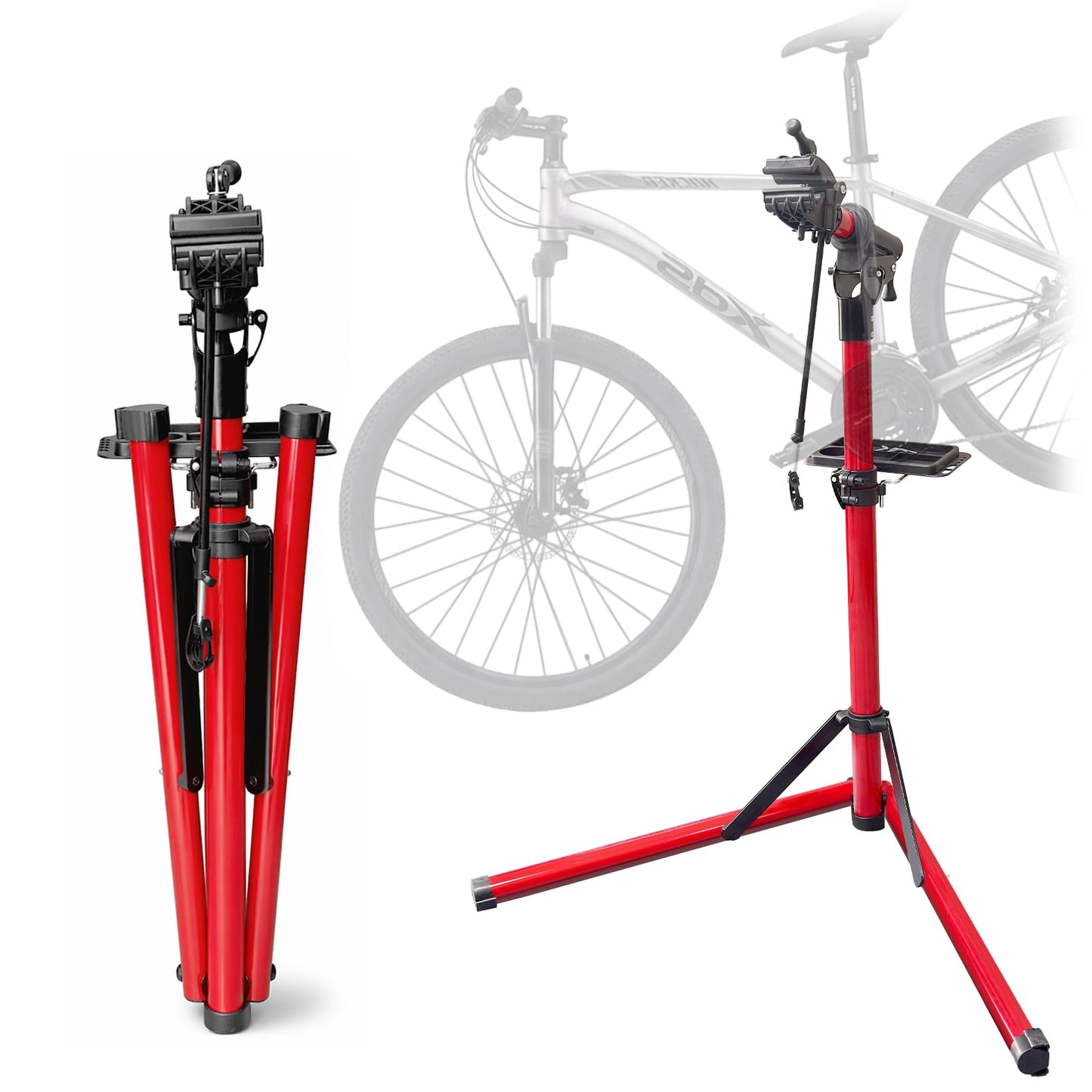 Bike Repair Stand Max 110 lbs, Portable Aluminum Bicycle Workstand for Electric, Heavy Duty Mechanic Maintenance Workstand with Tool Tray, Mountain and Road Bike (Red)