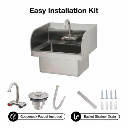 GarveeTech Commercial Stainless Steel Hand Wash Sink with Side Splash Guards, Small Wall Mount or Drop-In Handwashing Basin, 360° Swivel Faucet & Drain Kit for Restaurant Kitchen Bar Garage