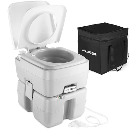 Alpcour Portable Toilet – Compact Indoor & Outdoor Commode w/Travel Bag for Camping, RV, Boat – Piston Pump Flush, 6 Gallon Waste Tank, Built-In Pour Spout & Washing Sprayer for Easy Cleaning