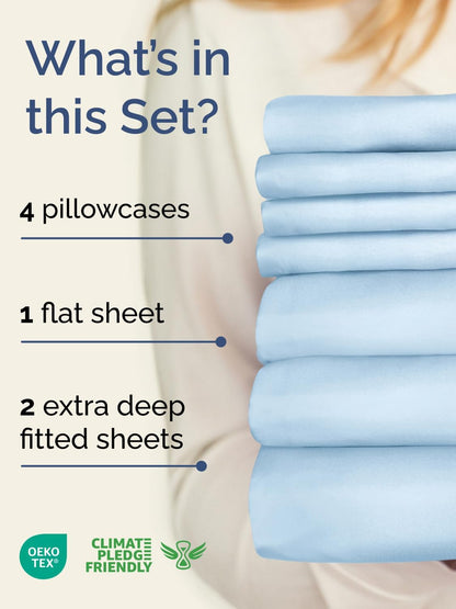 Skiennix Extra Deep Split King Sheet Set - 7 Piece Breathable Cooling Bedding - Soft Wrinkle-Free Light Blue