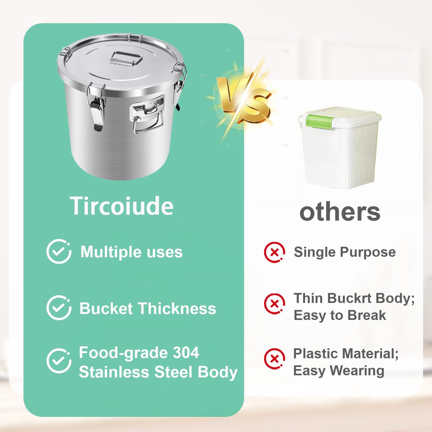Tircoiude 304 Stainless Steel Flour Canister, 12.7 Gal Airtight Metal Canisters with Lids, Dog Food Storage Container for Rice, Bird Seed, Commercial Milk Storage 48L