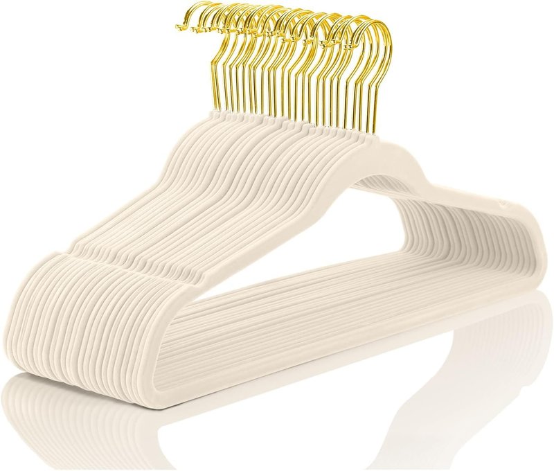 MIZGI Premium Velvet Hangers Pack 30 Pcs Heavyduty - Non Slip Slimline - Velvet Suit Hangers Ivory - Gold Hooks,Space Saving Clothes Hangers